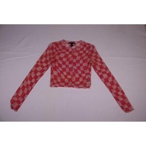 Forever 21 Pink Checkerboard Mesh Long Sleeve Crop Top Lettuce Edge Y2K Small
